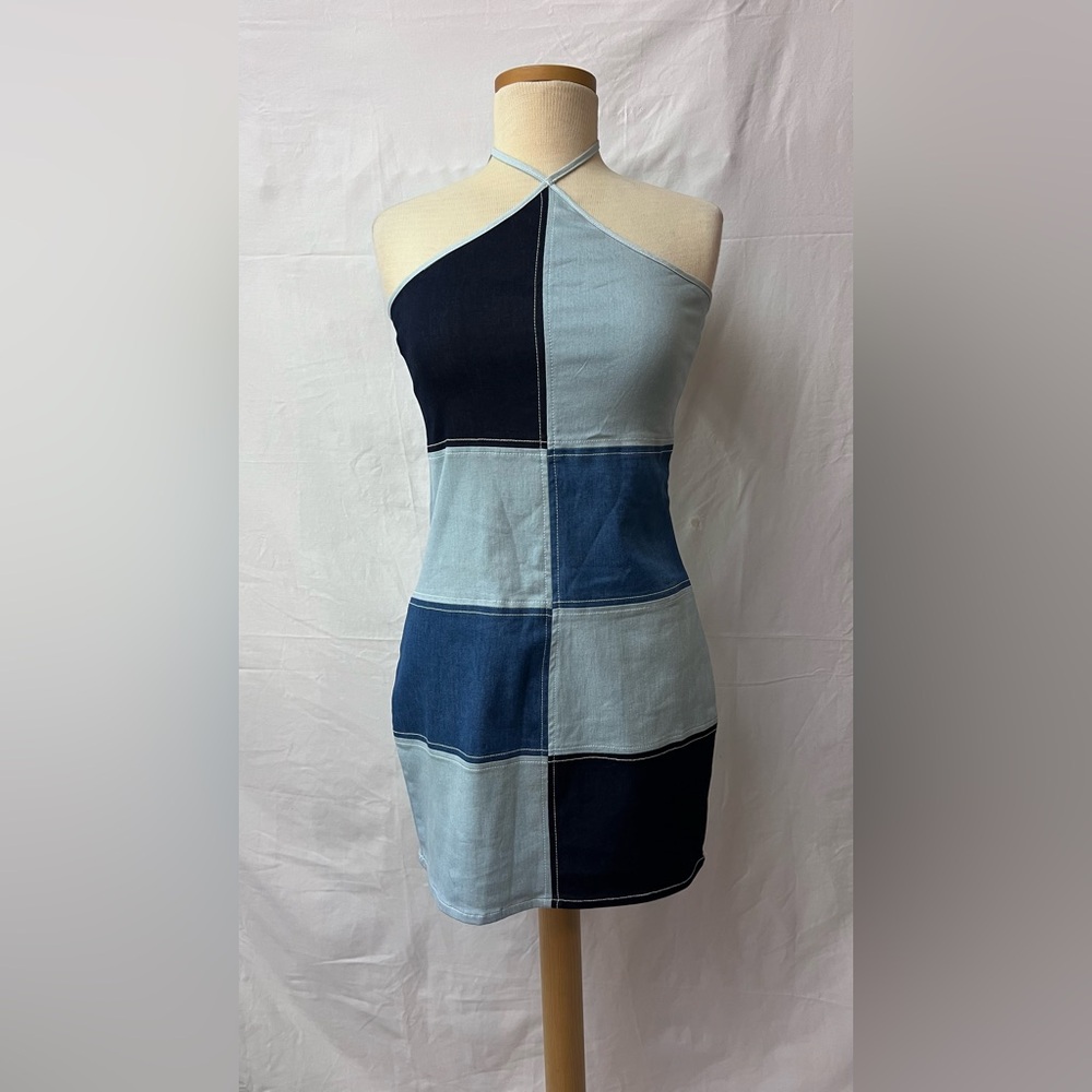 Blue Blush Strapless Patchwork Denim Mini Dress in Multiple Blues SZ M